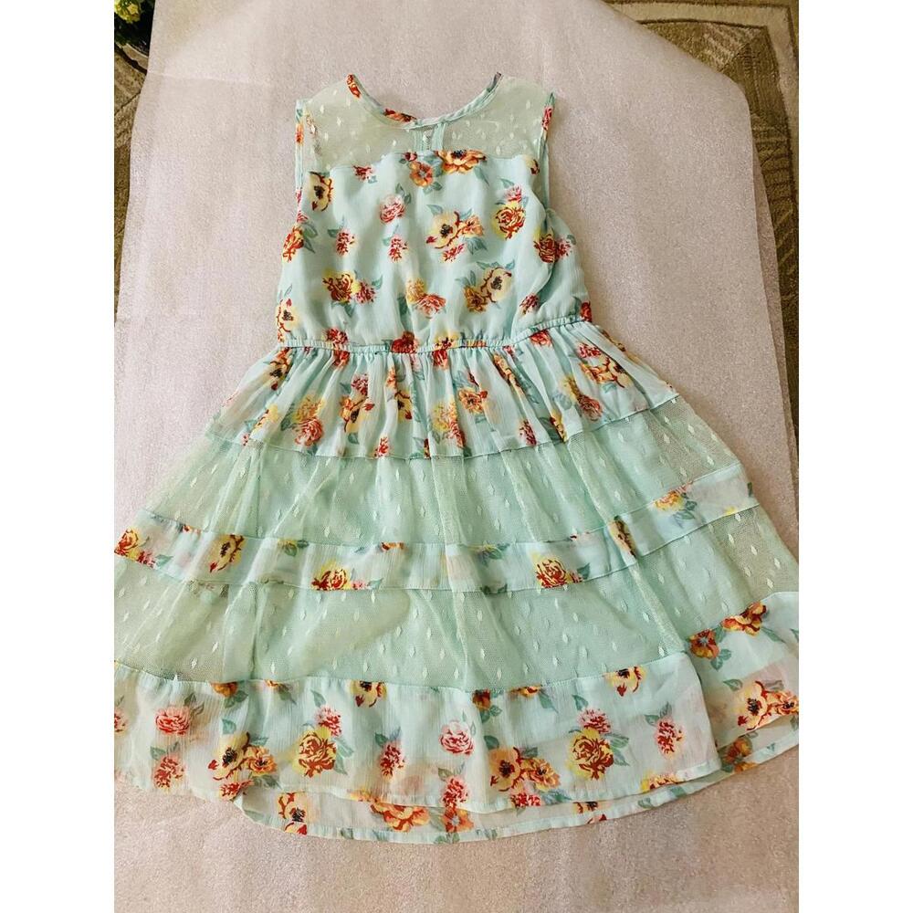 D-Signed Girls Floral Sleeveless Layered Dress in Light Blue and Peach Size 7/8